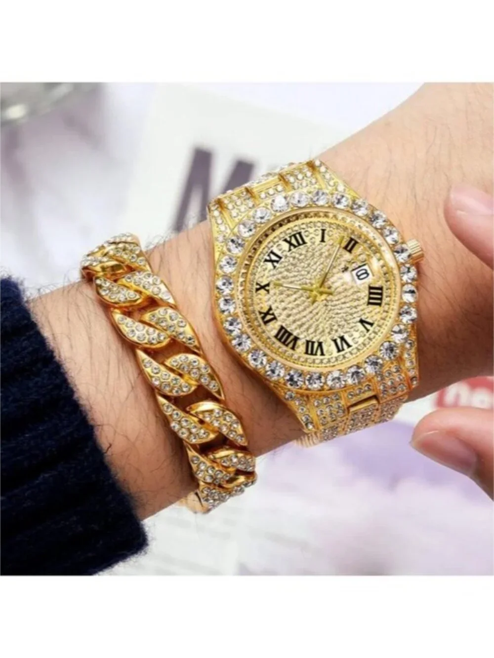 Men's Gold Iced Out Hip Hop Watch Luxury Quartz Skeleton Dial Date Window